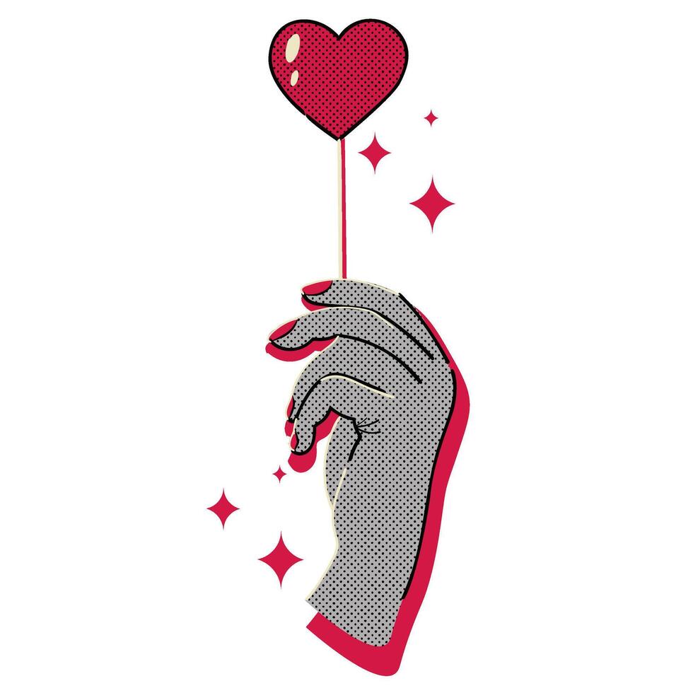 Hand holding heart lollipop halftone doodle sketch vector