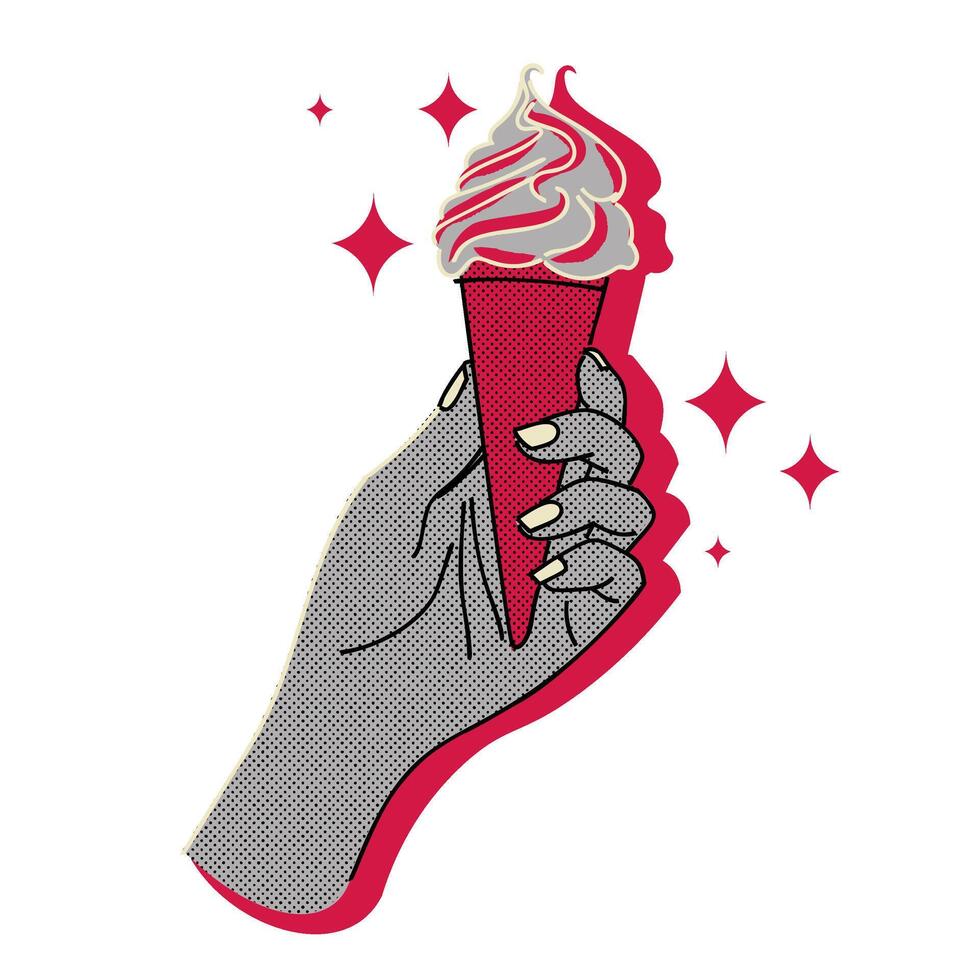 Hand holding ice cream cone halftone doodle sketch vector