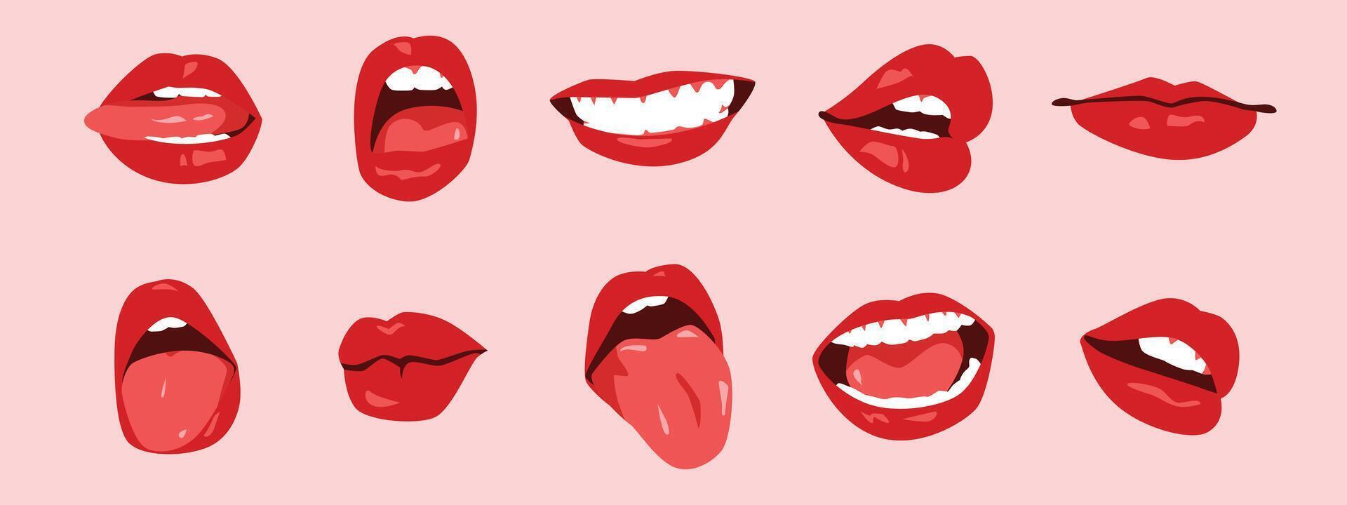 set of sexy woman's lips with red lipstick, white teeth, and tongue out. mouth icon. flat illustration. vector