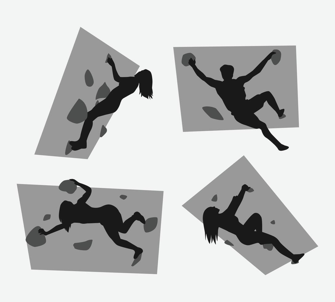 climbing wall silhouette collection set. sport, extreme, bouldering, rock, concept. different actions, poses. graphic illustration. vector