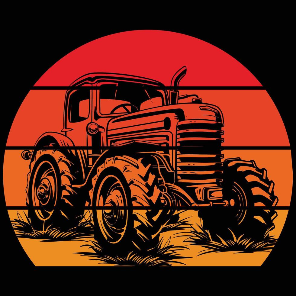 Tractor silhouette in the style of black monochrome tractor retro vintage sunset vector