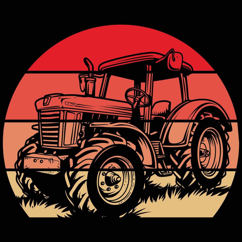 Tractor silhouette in the style of black monochrome tractor retro vintage sunset vector