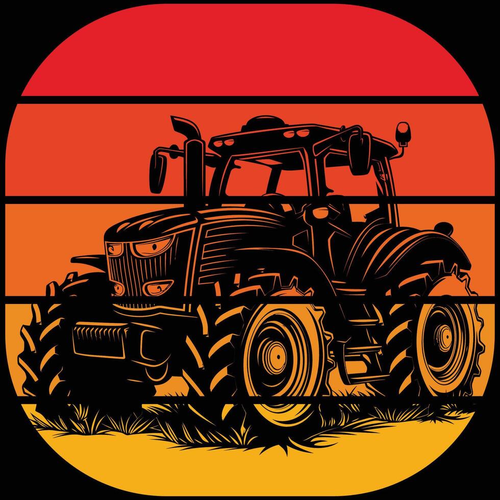 Tractor silhouette in the style of black monochrome tractor retro vintage sunset vector