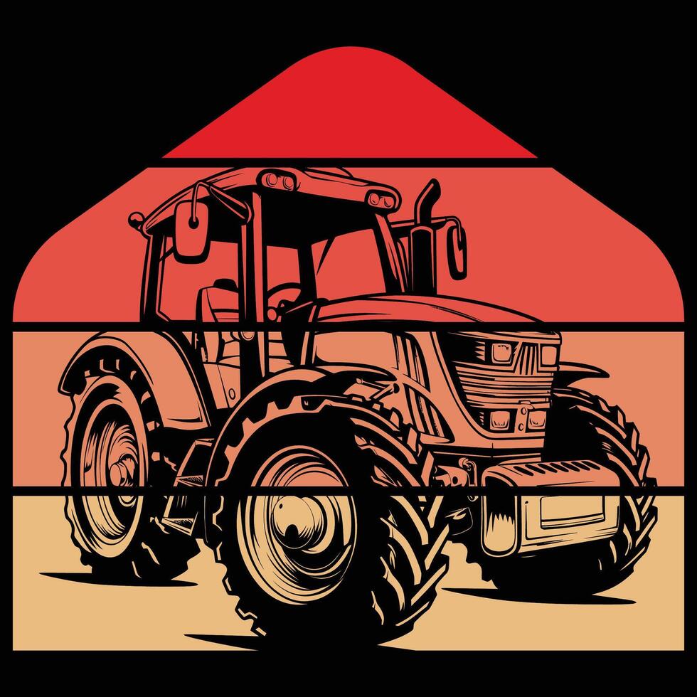 Tractor silhouette in the style of black monochrome tractor retro vintage sunset vector