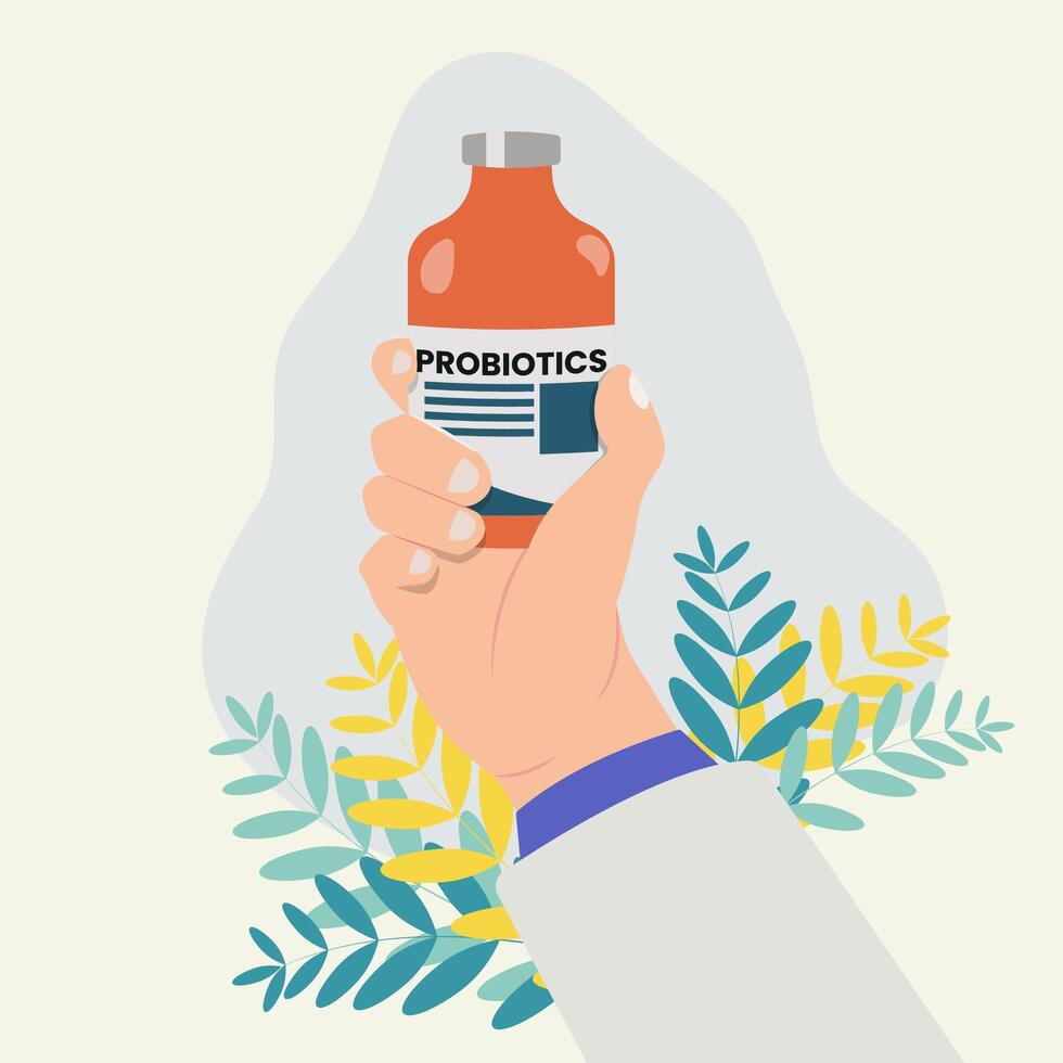 Hand hold probiotics bottle design vector