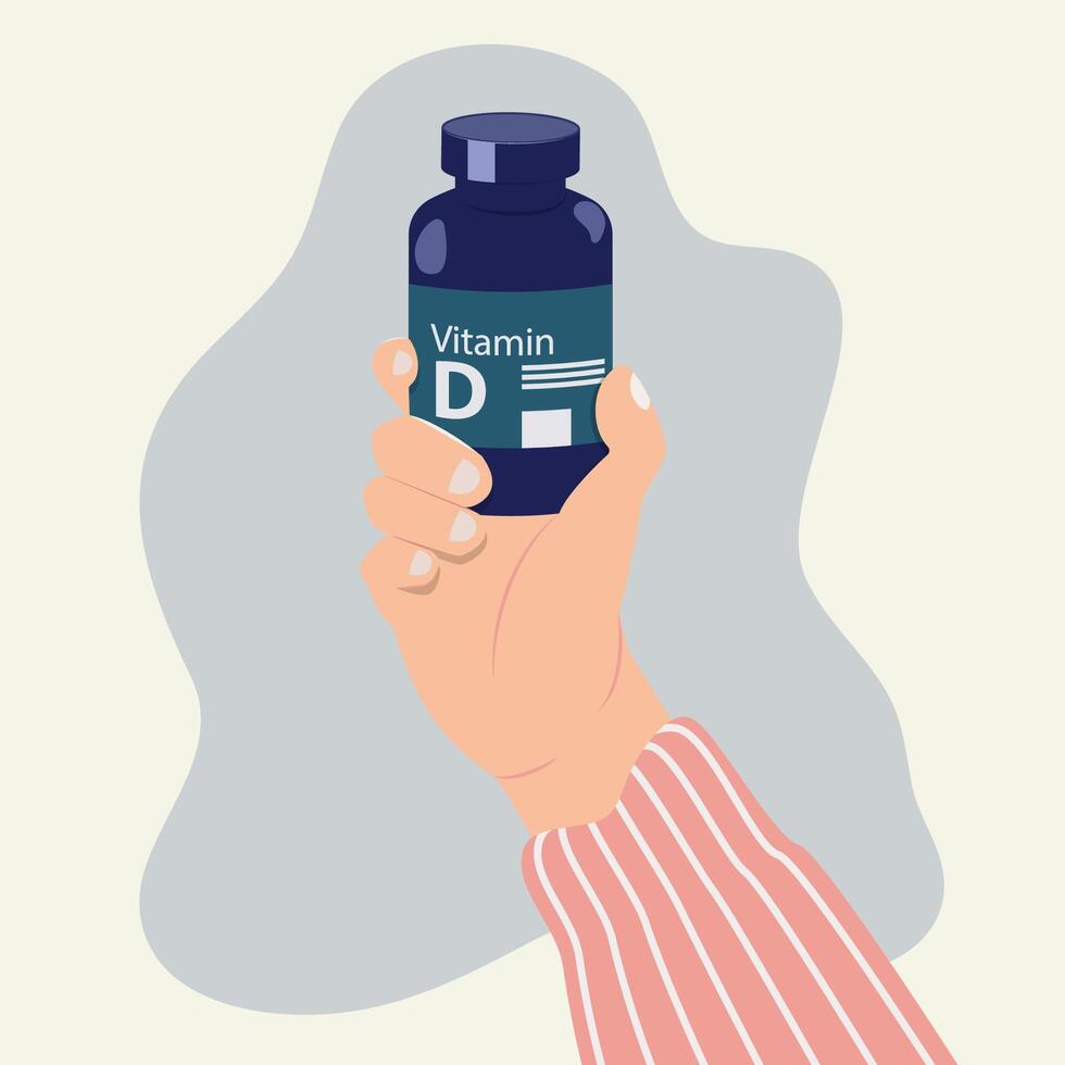 Vitamin D bottle held by hand design vector