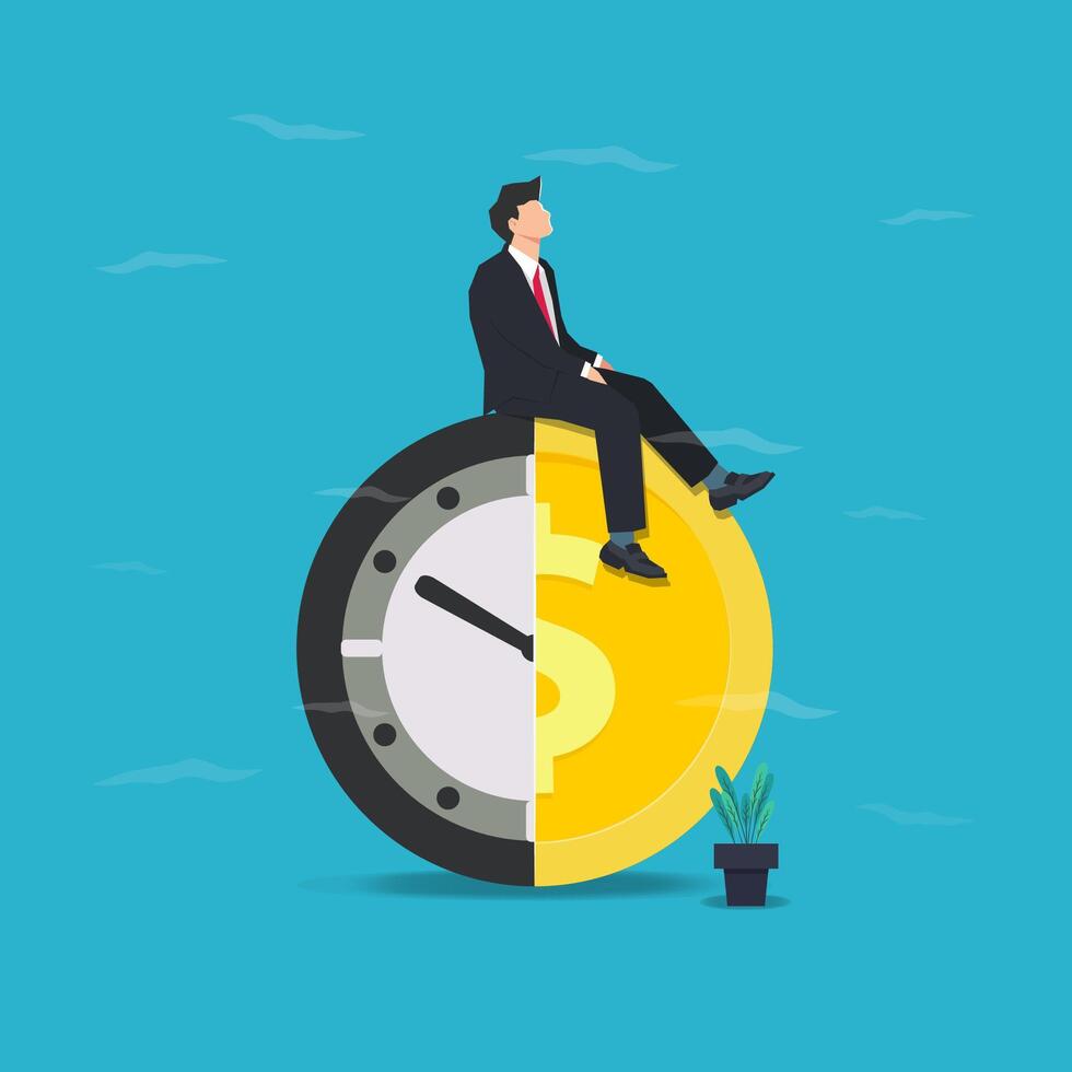 Businessman sitting on top of half big clock and half of a coin illustration vector
