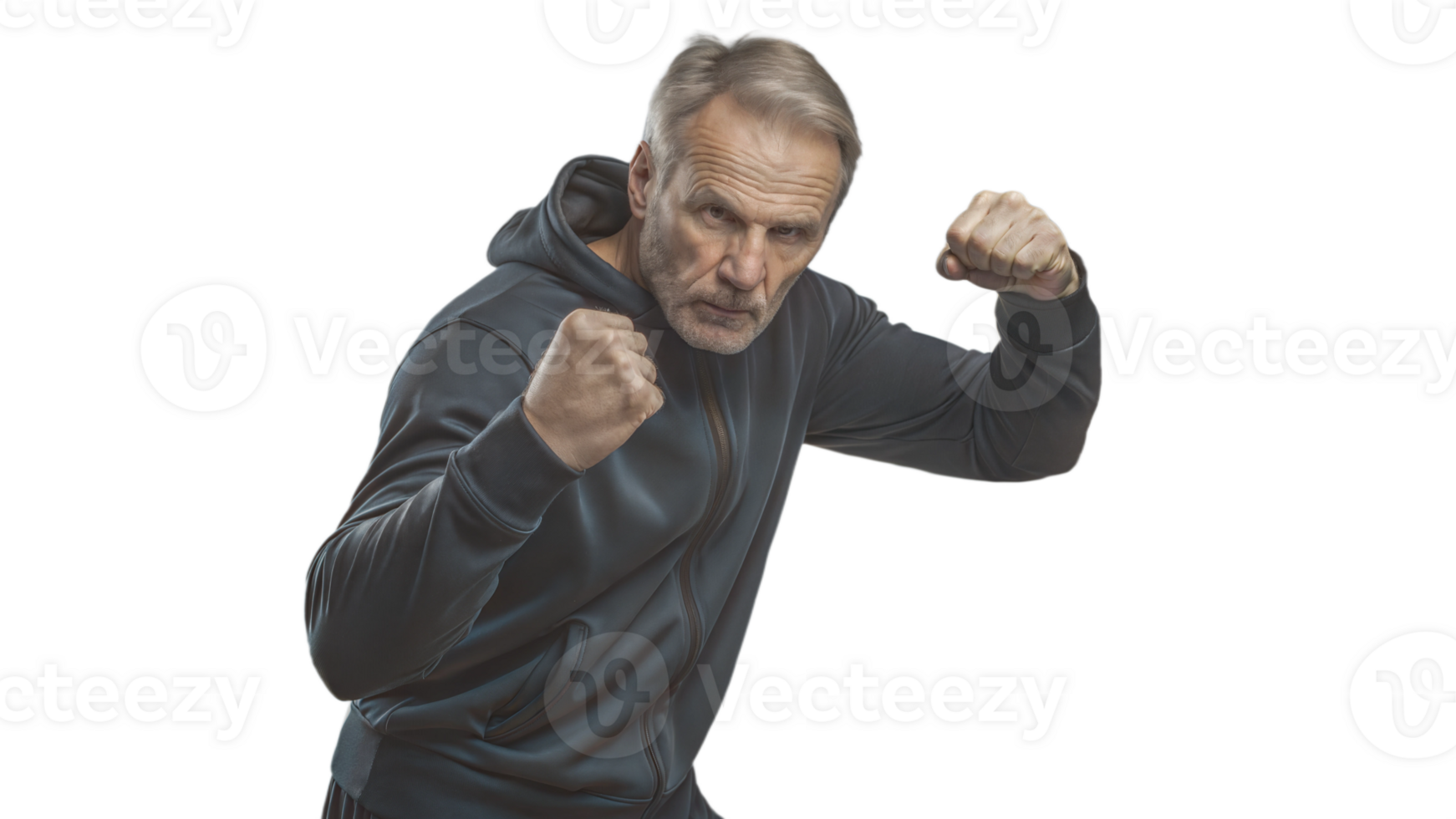 Senior Man in Black Hoodie Practicing Self-Defense Techniques png