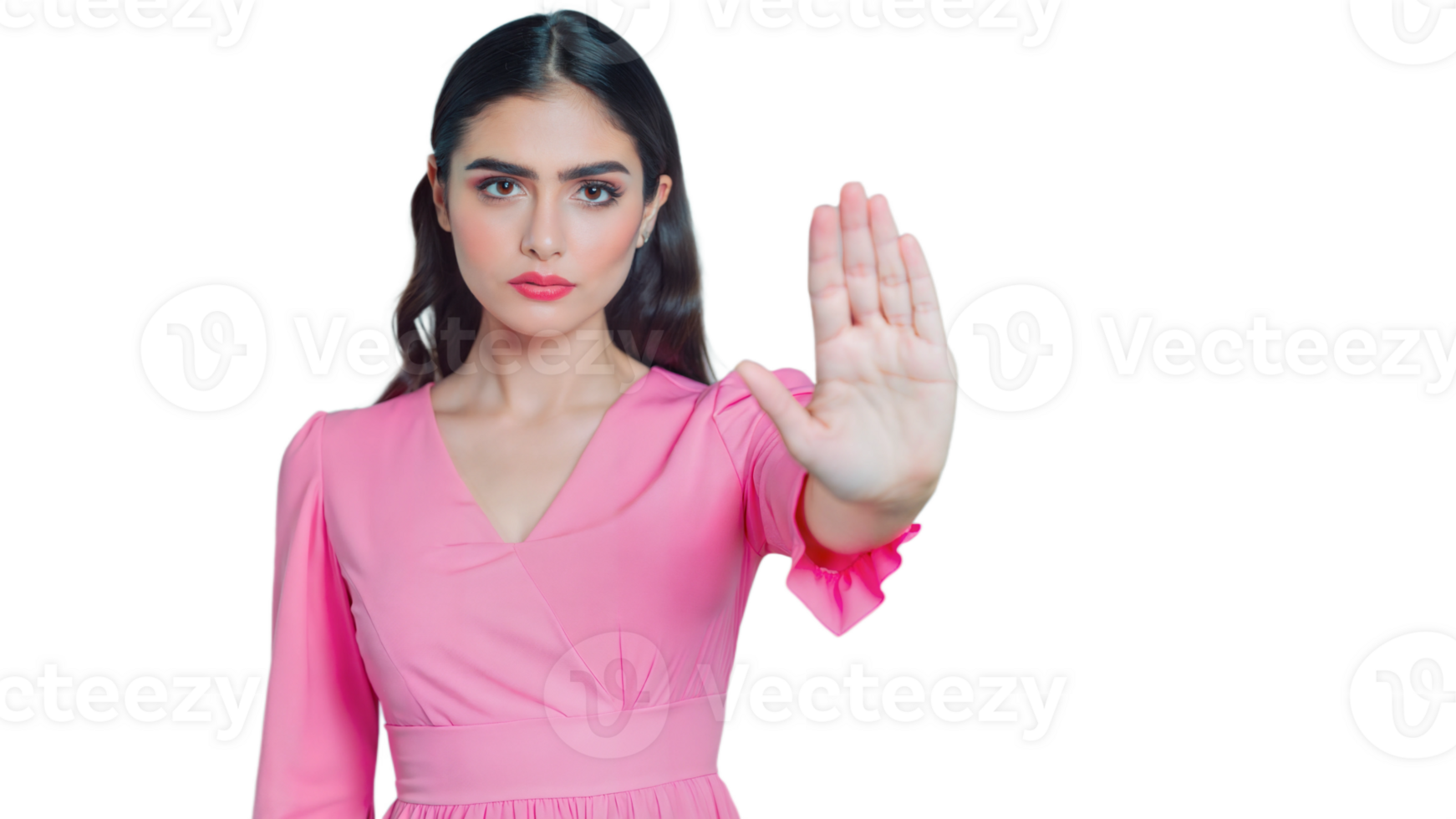Young Woman in Pink Dress Making Stop Gesture With Open Hand png