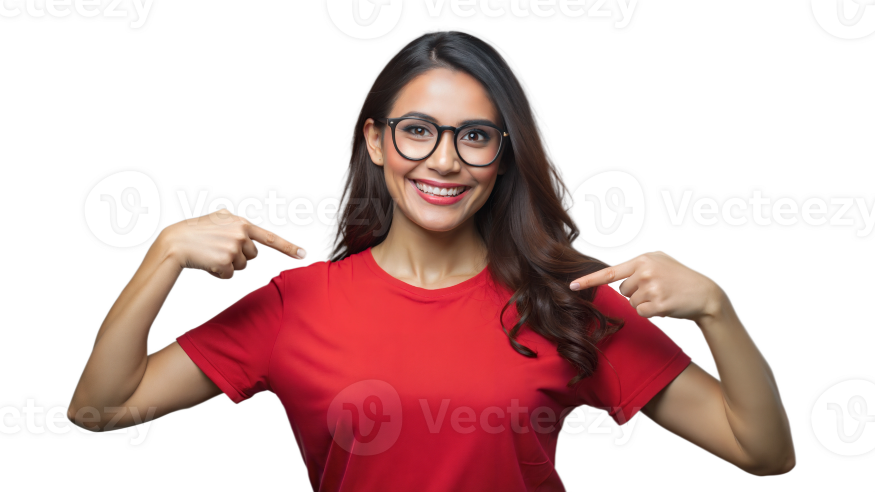 Smiling Woman In Red T-Shirt Points To Herself On Transparent Background png