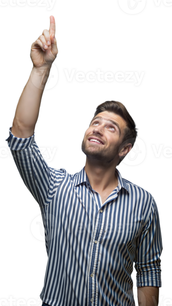 Man in Striped Shirt Pointing Upwards With a Smile png