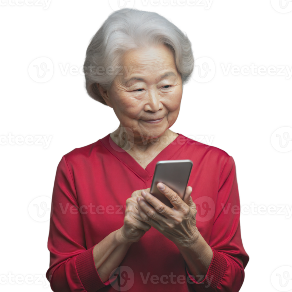 Senior Woman With Gray Hair Uses Smartphone in Red Shirt png
