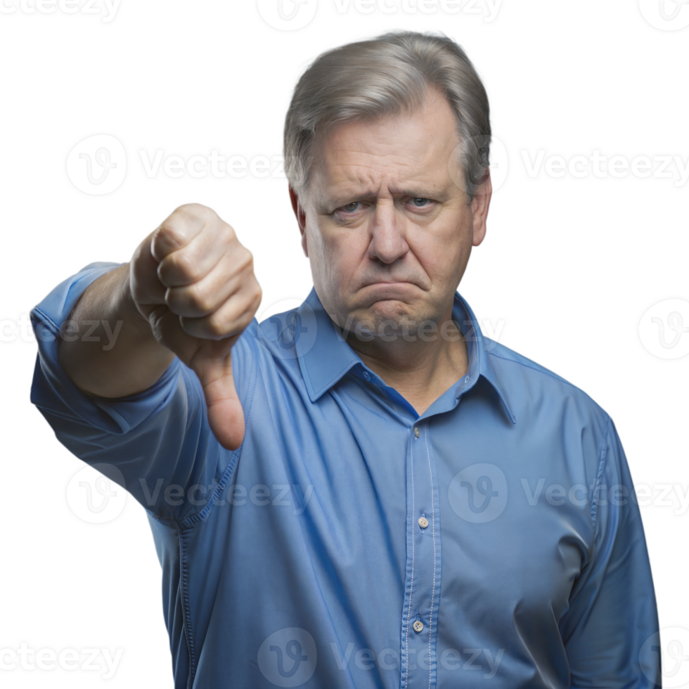 A Middle-Aged Man Gives a Thumbs Down Gesture in a Studio Setting png