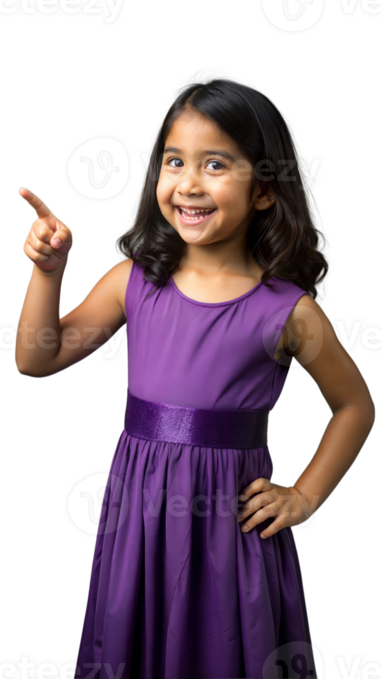Young Girl Wearing a Purple Dress Points Upwards With a Smile png