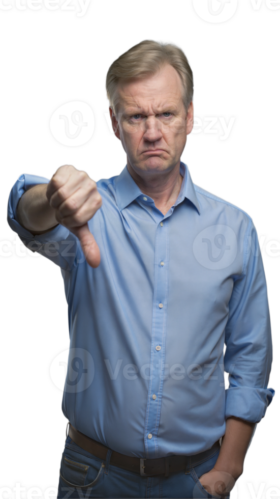 Middle-Aged Man Giving Thumbs Down Gesture in Blue Shirt png