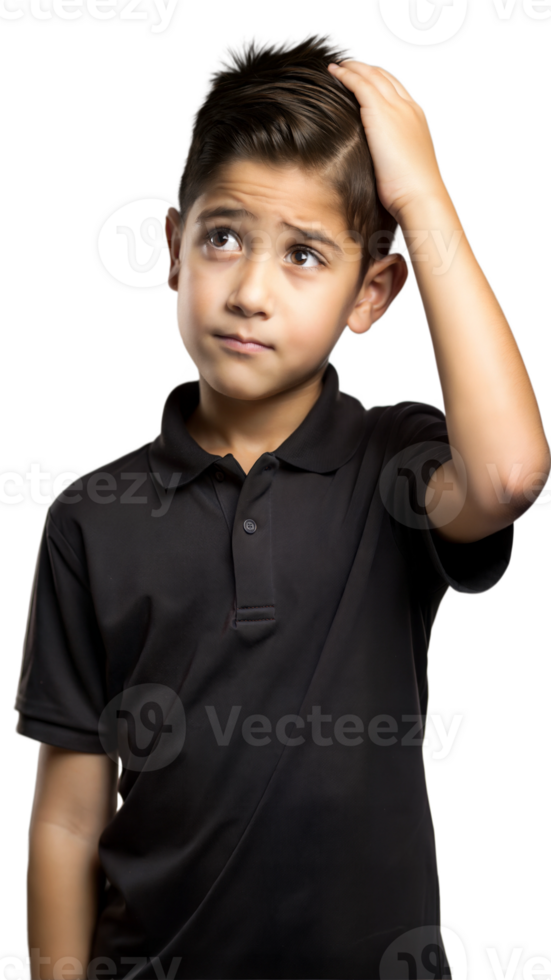 Young Boy in Black Polo Shirt Scratching Head and Thinking png