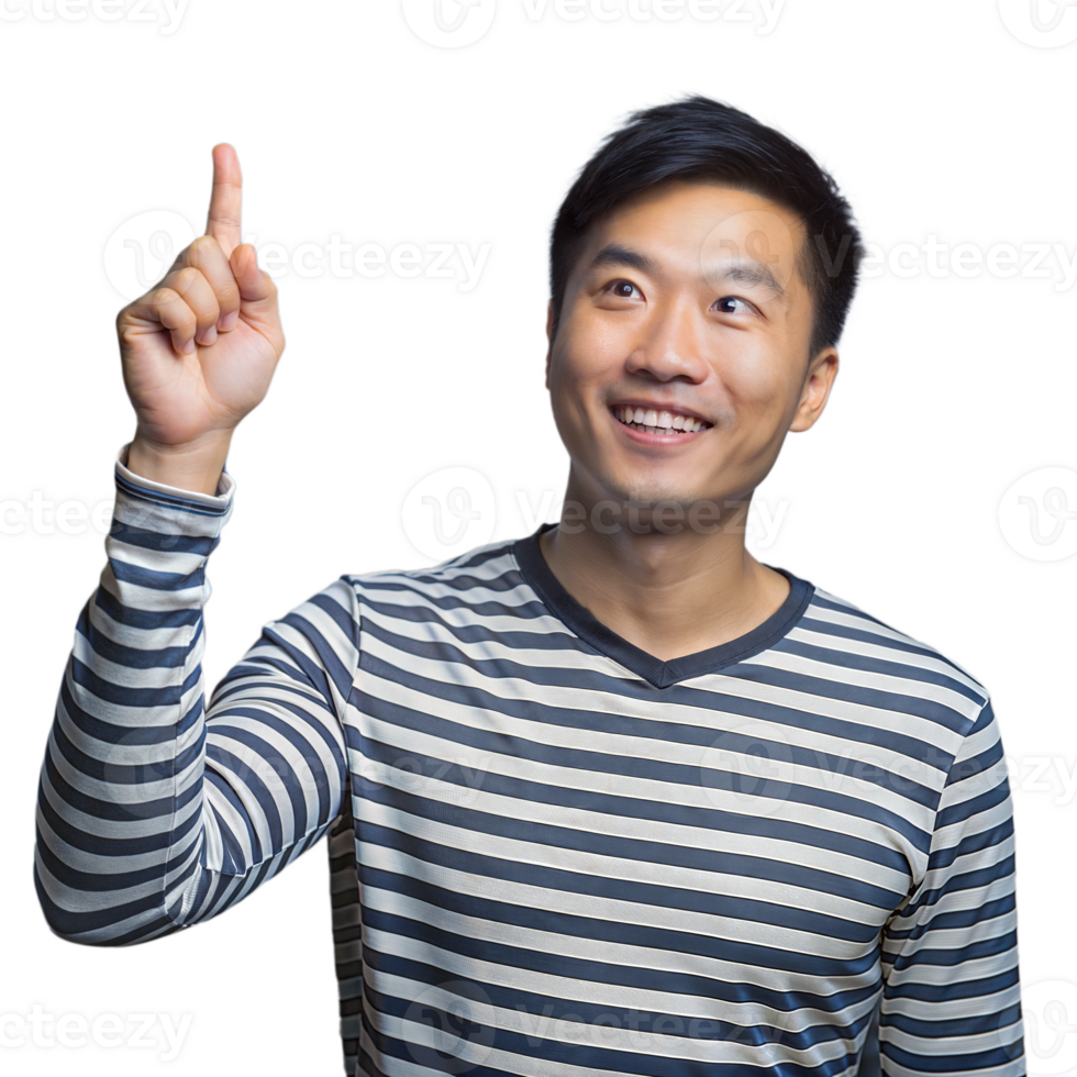 Smiling Man In Striped Shirt Points Upwards With One Finger png