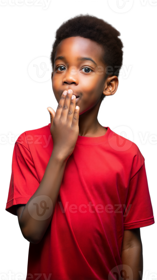 Young Boy In Red T-Shirt Covering Mouth With Hand, Looking At Camera png