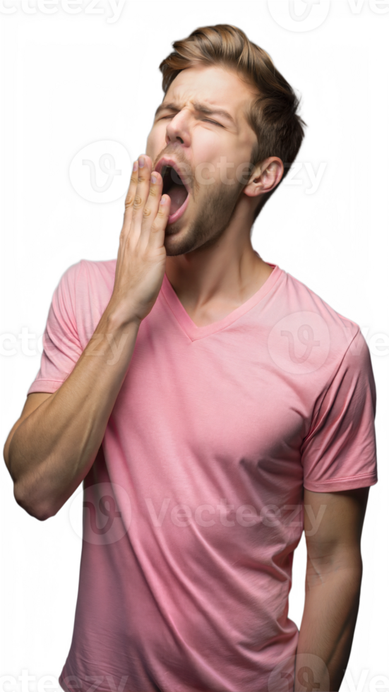 Young Man Yawning in Pink Shirt Against Transparent Background png
