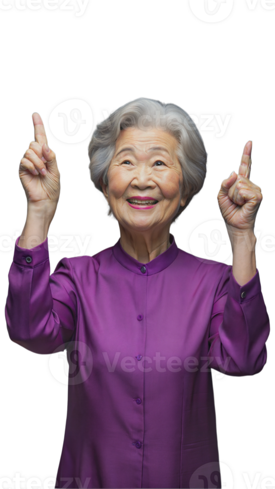 Happy Senior Woman Pointing Upwards With Both Hands png
