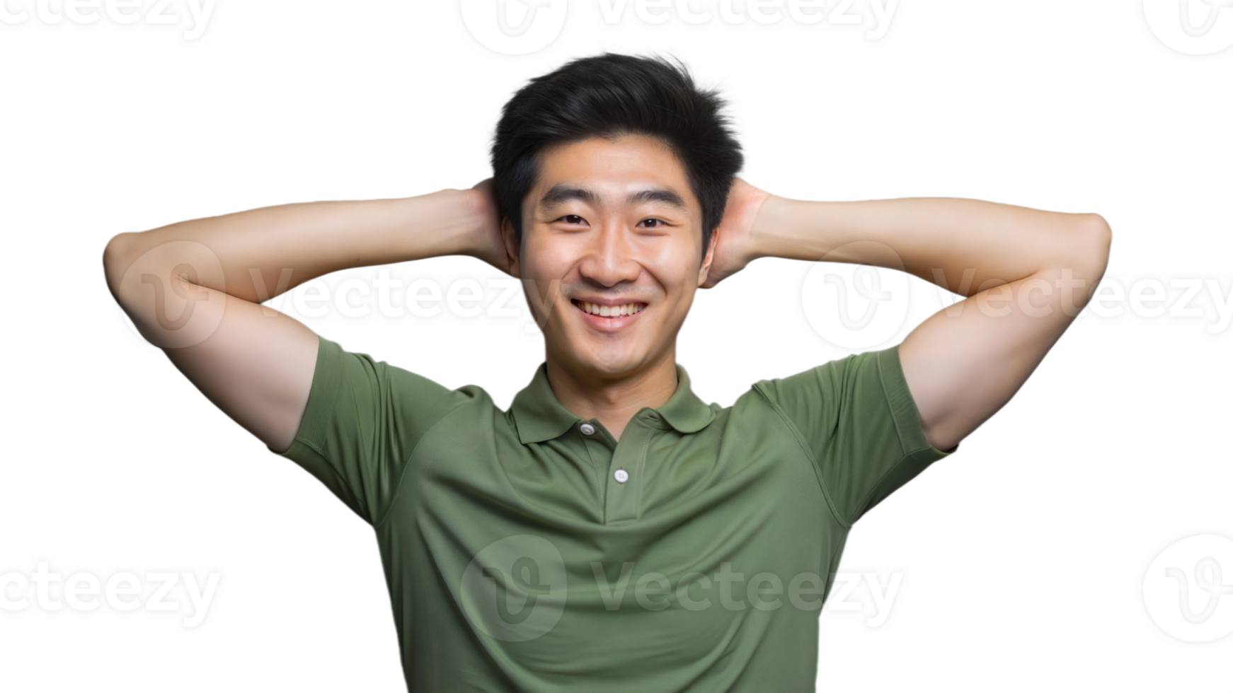 Smiling Man With Hands Behind His Head in Green Polo Shirt png