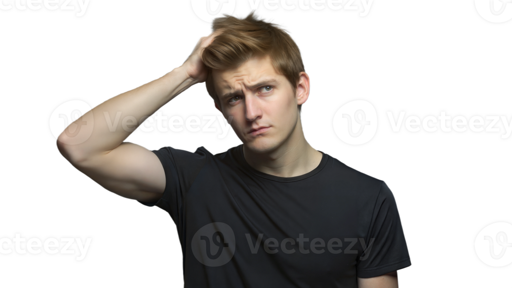 ung man kliar sig hans huvud med förvirrad uttryck medan bär en svart t-shirt png