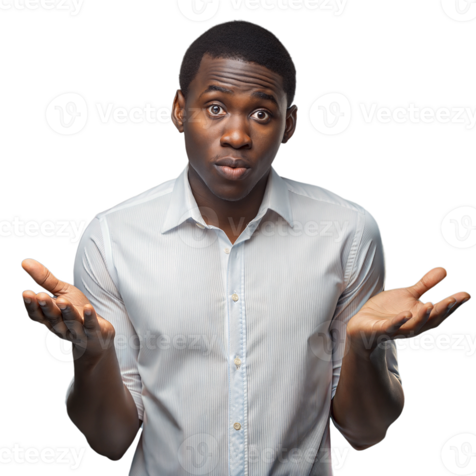 Confused African American Man Gesturing With Both Hands Against Transparent Background png