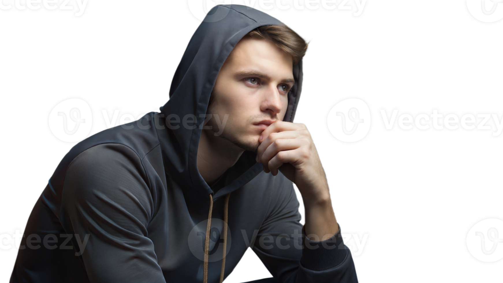 Young Man Wearing a Black Hoodie Contemplating While Sitting png