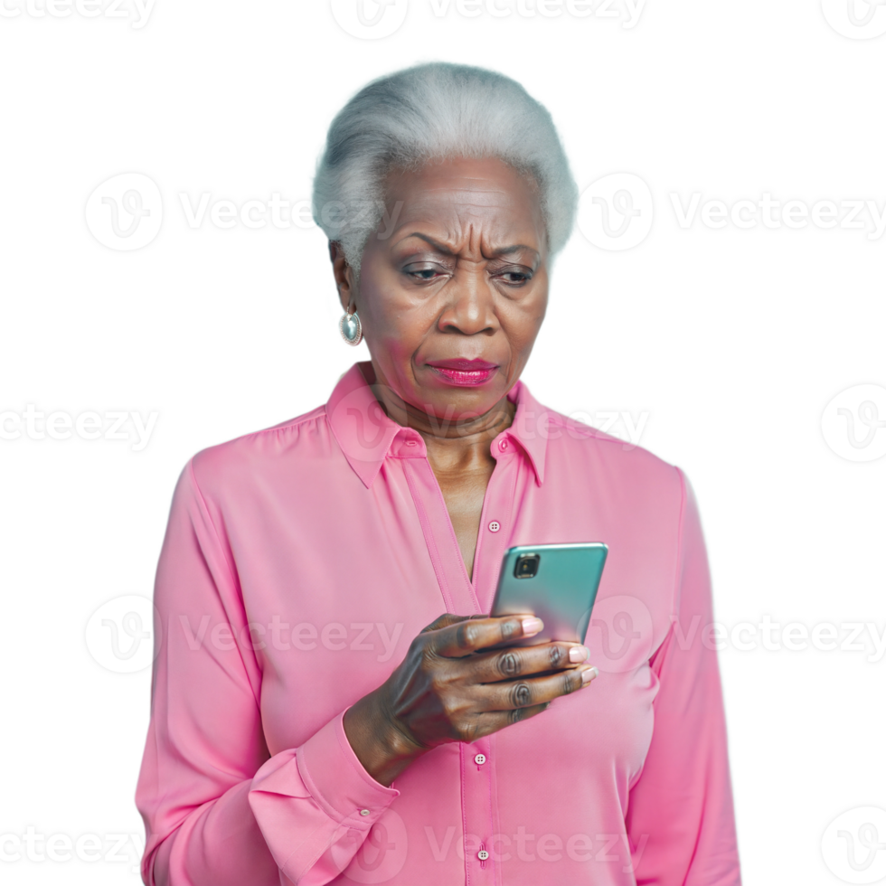 Senior Woman Looking Concerned While Using Smartphone png
