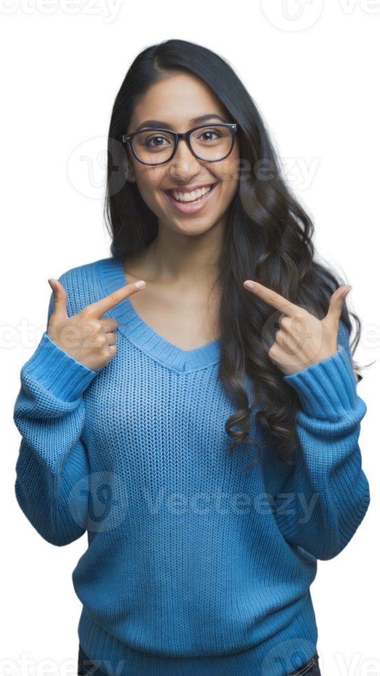 Smiling Woman In Blue Sweater Pointing At Herself In Front Of Transparent Background png