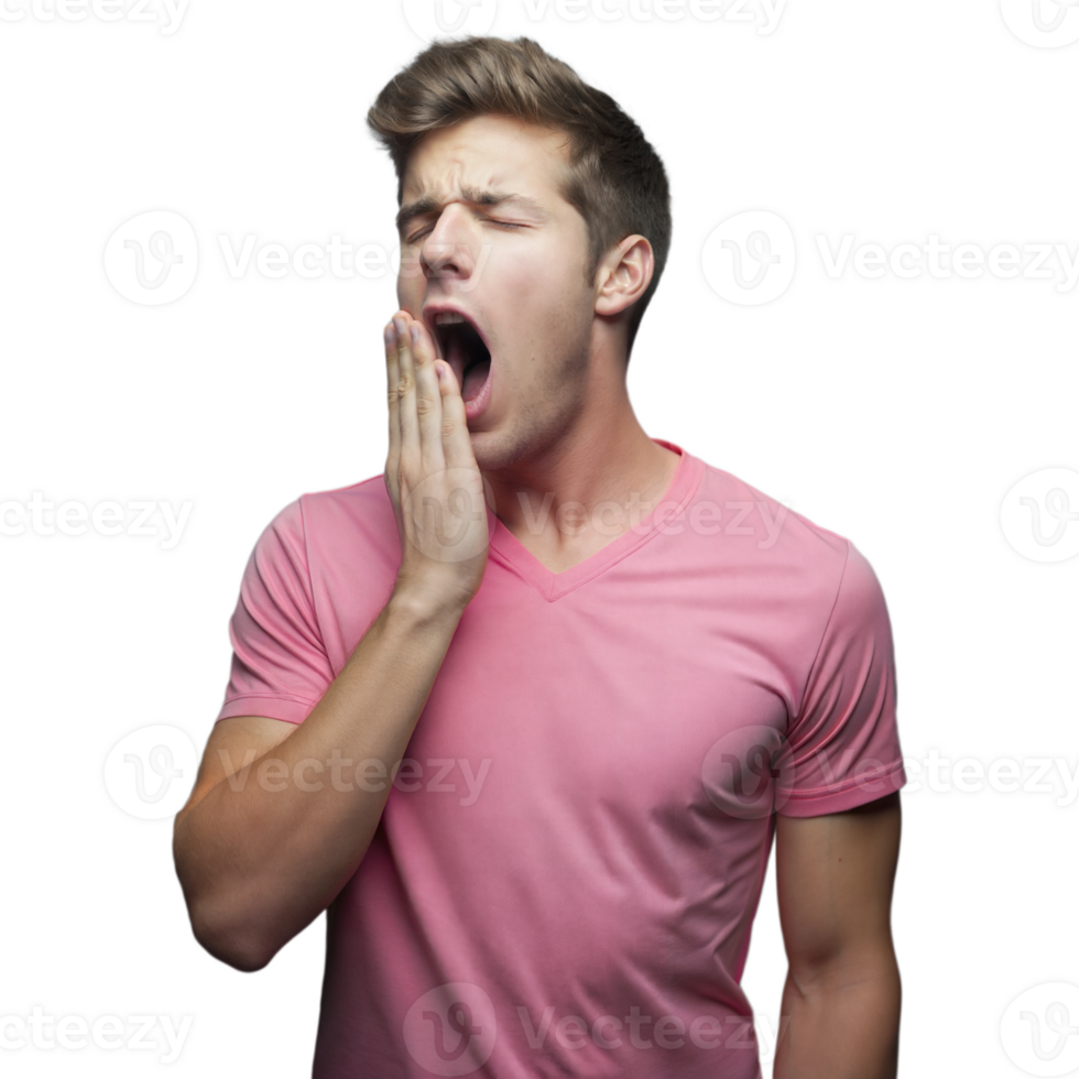 Tired Young Man in Pink T-Shirt Yawning png