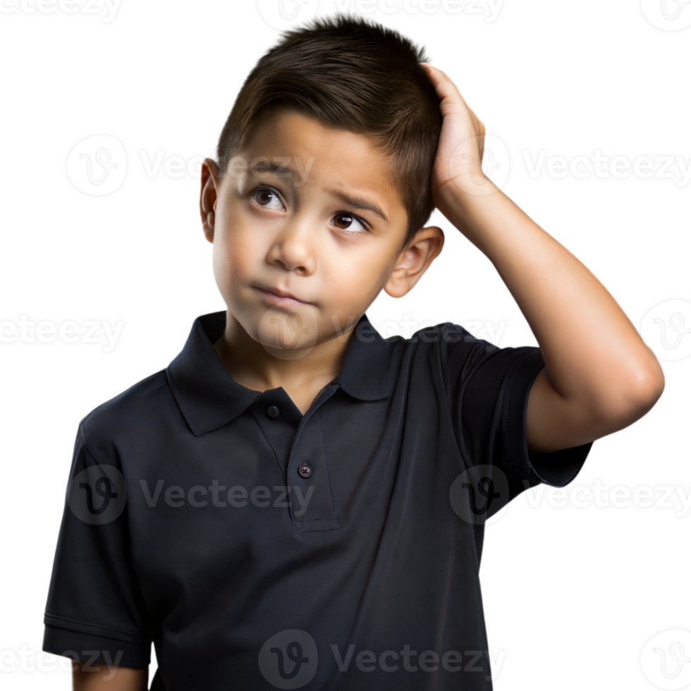 Young Boy Wearing Black Polo Shirt Scratching His Head While Thinking png