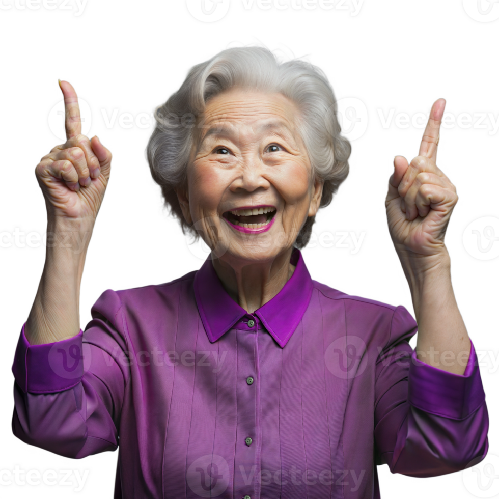 Elderly Woman in Purple Shirt Pointing Upwards With a Happy Expression png