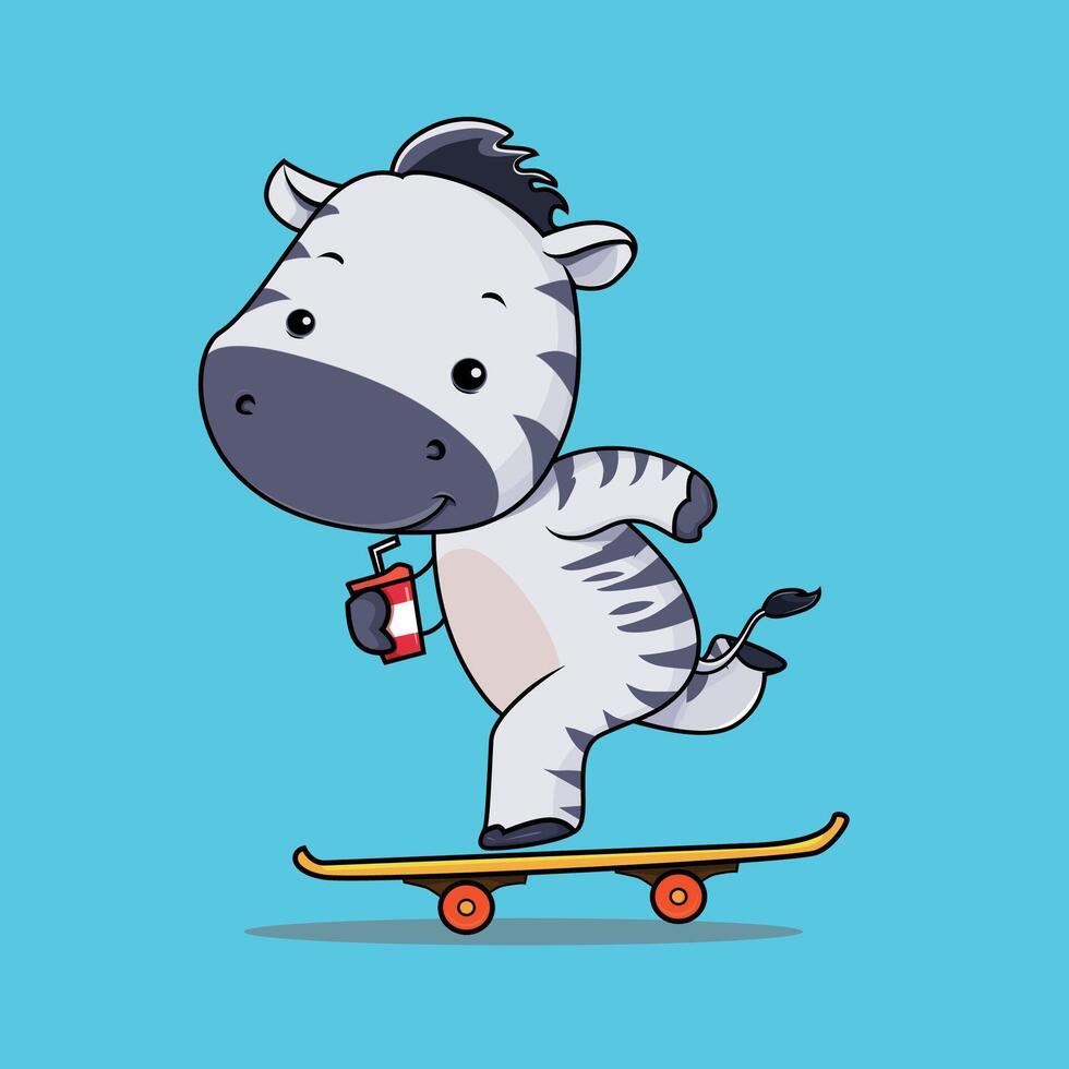 Cute zebra skateboarding cartoon illustration premium vector