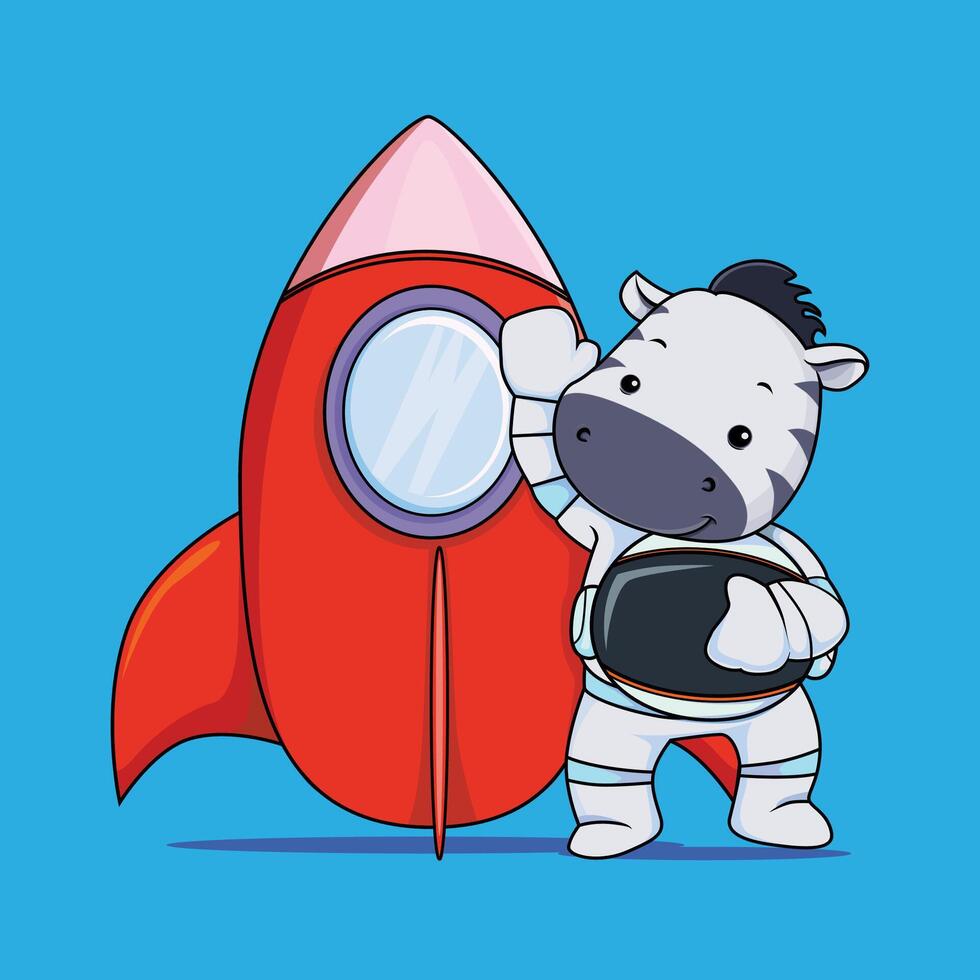 Cute zebra astronaut with rocket cartoon illustration vector