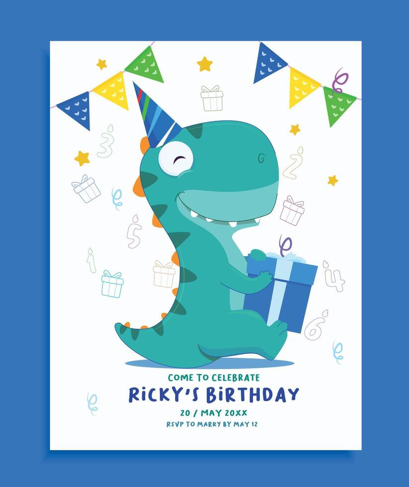 children's birthday invitation teamplate with cute dino vector
