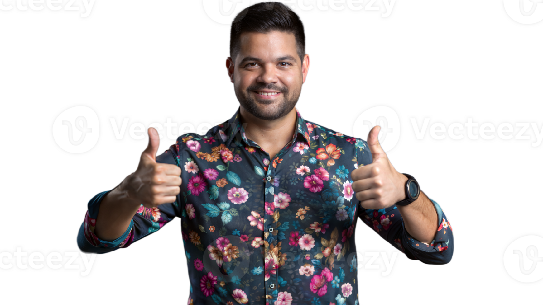 A Man in a Floral Shirt Gives Two Thumbs Up, Smiling on Transparent Background png