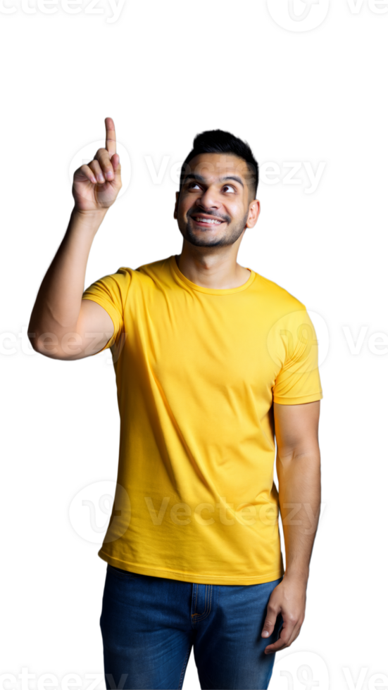 Smiling Man In Yellow T-Shirt Pointing Upward png