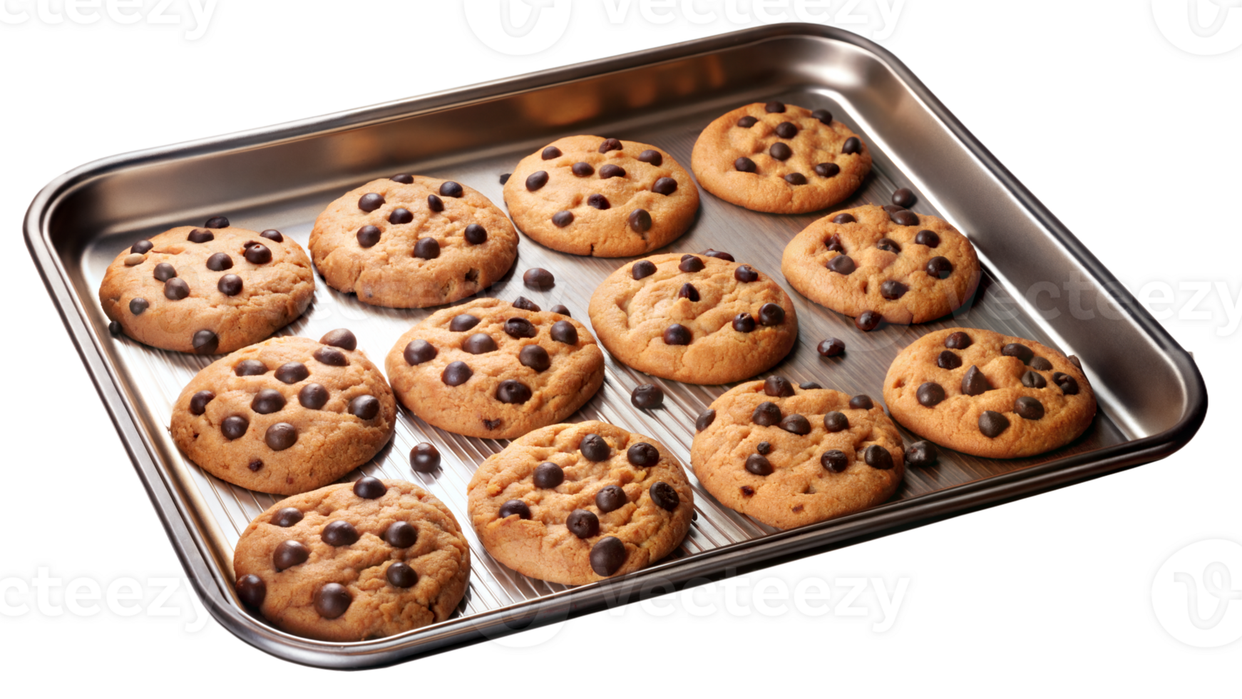 Freshly Baked Chocolate Chip Cookies on a Baking Sheet png