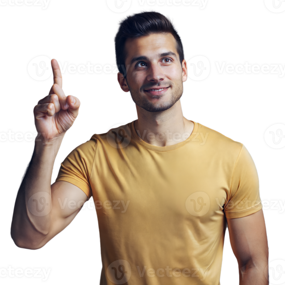 Young Man in Yellow T-Shirt Pointing Up on transparent background png