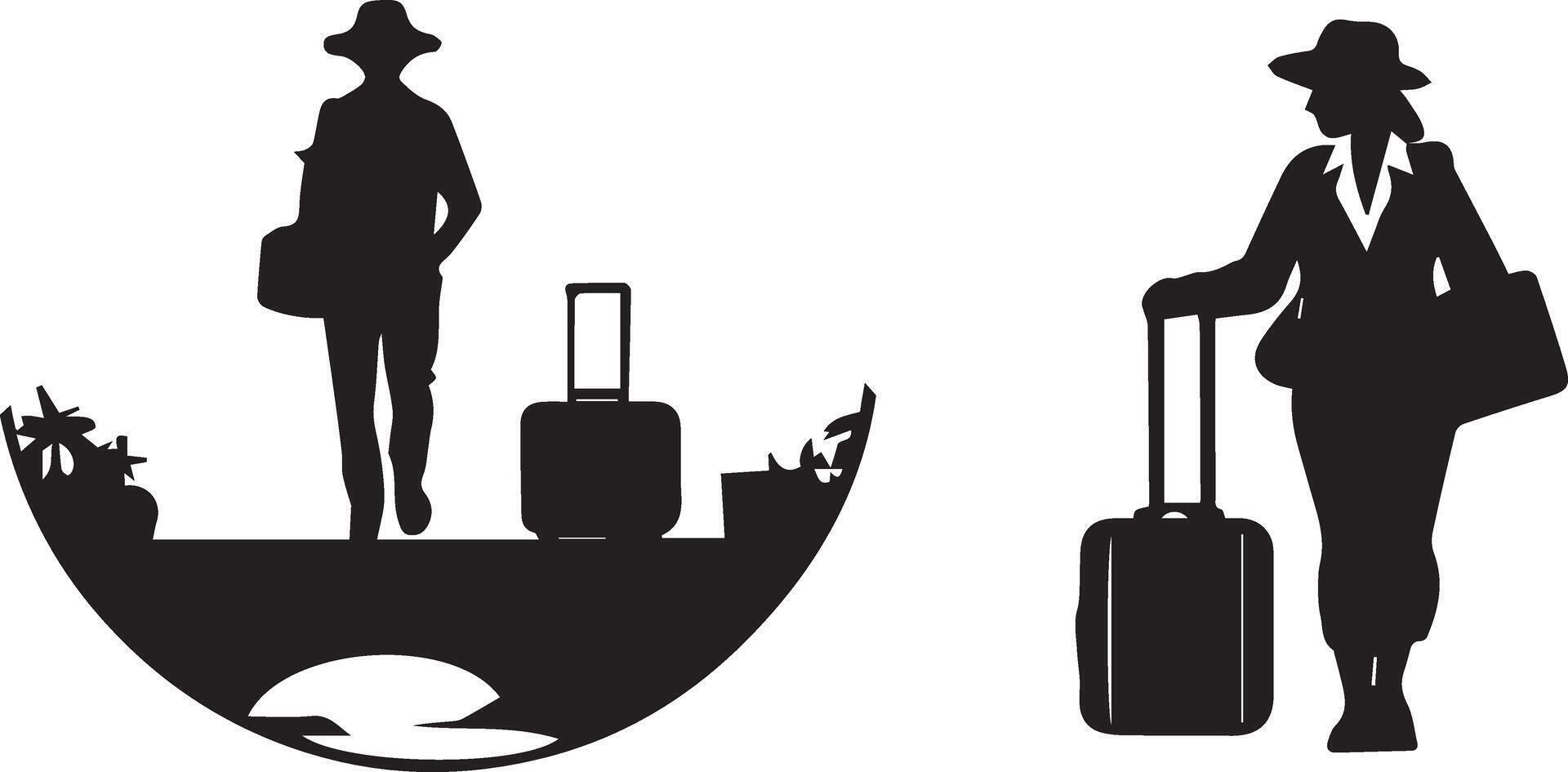 Tourist with suitcase black and white image of a man and woman with luggage vector