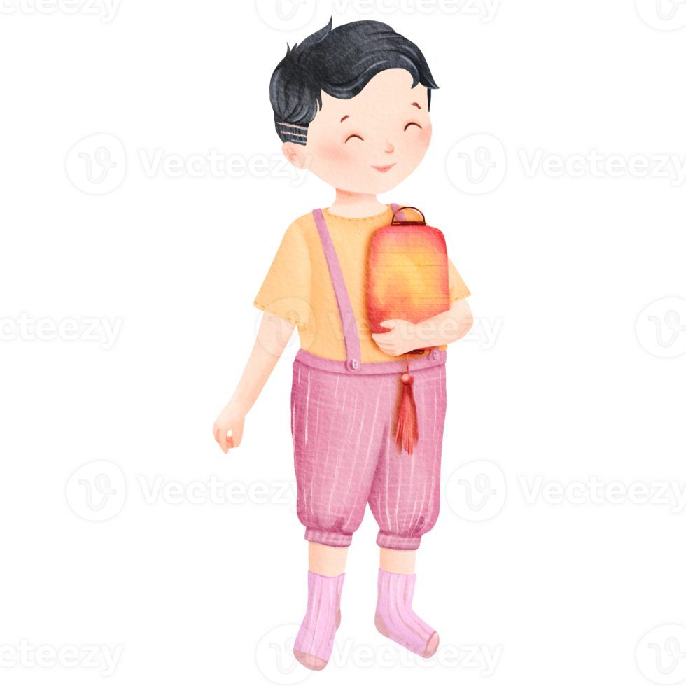 An illustration featuring a charming child in pink overalls happily holding a lantern png