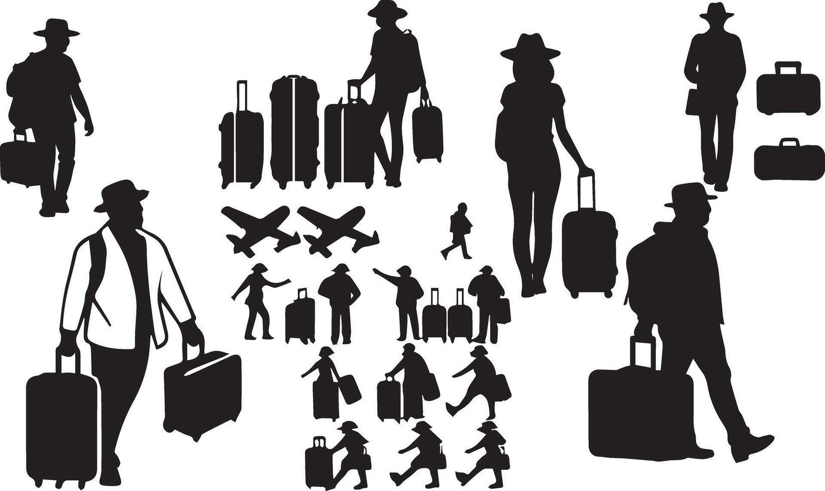 Tourist with suitcase black and white image of a man and woman with luggage vector
