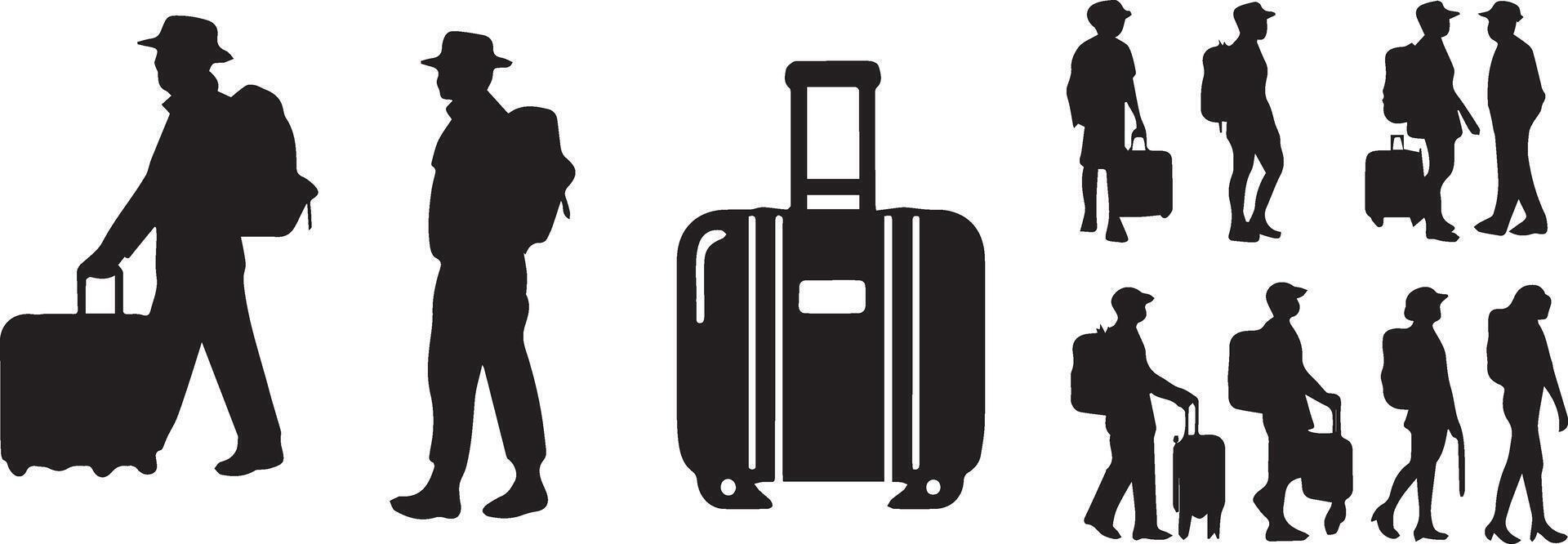 Tourist with suitcase black and white image of a man and woman with luggage vector
