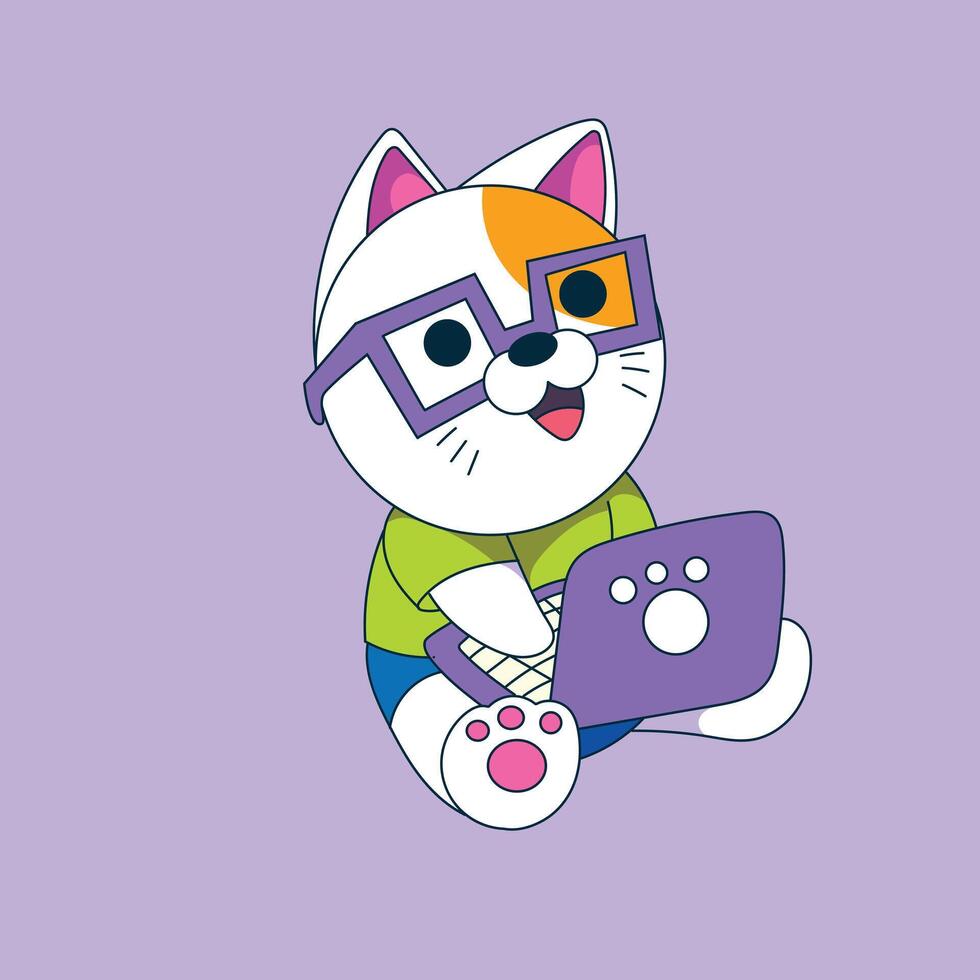 a cartoon cat with glasses and a laptop vector