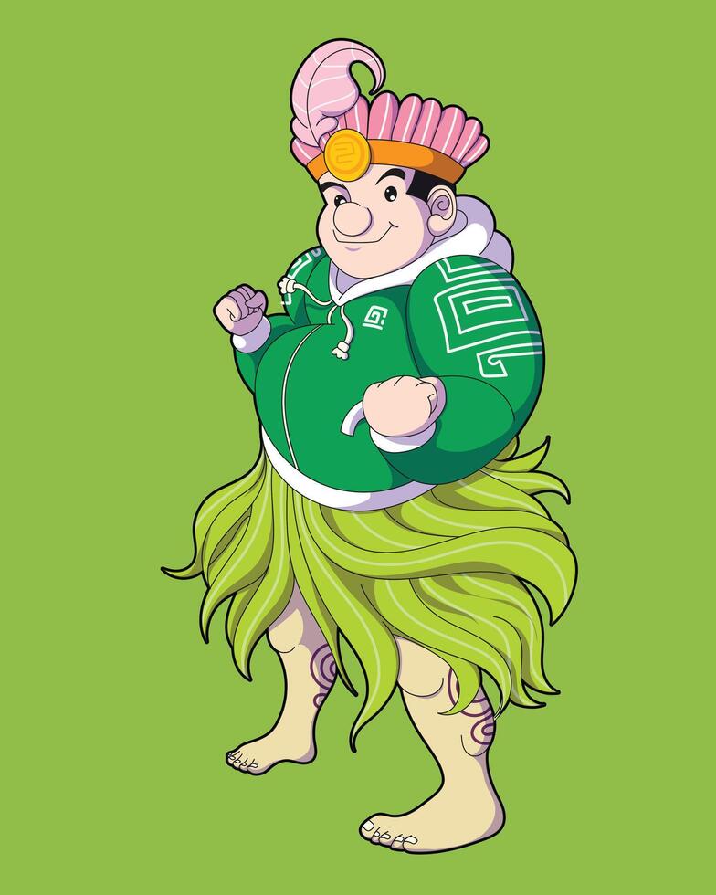 male character in exotic costume and wearing a hoodie, trousers made of beautiful leaves and a headdress with feathers. full body character vector