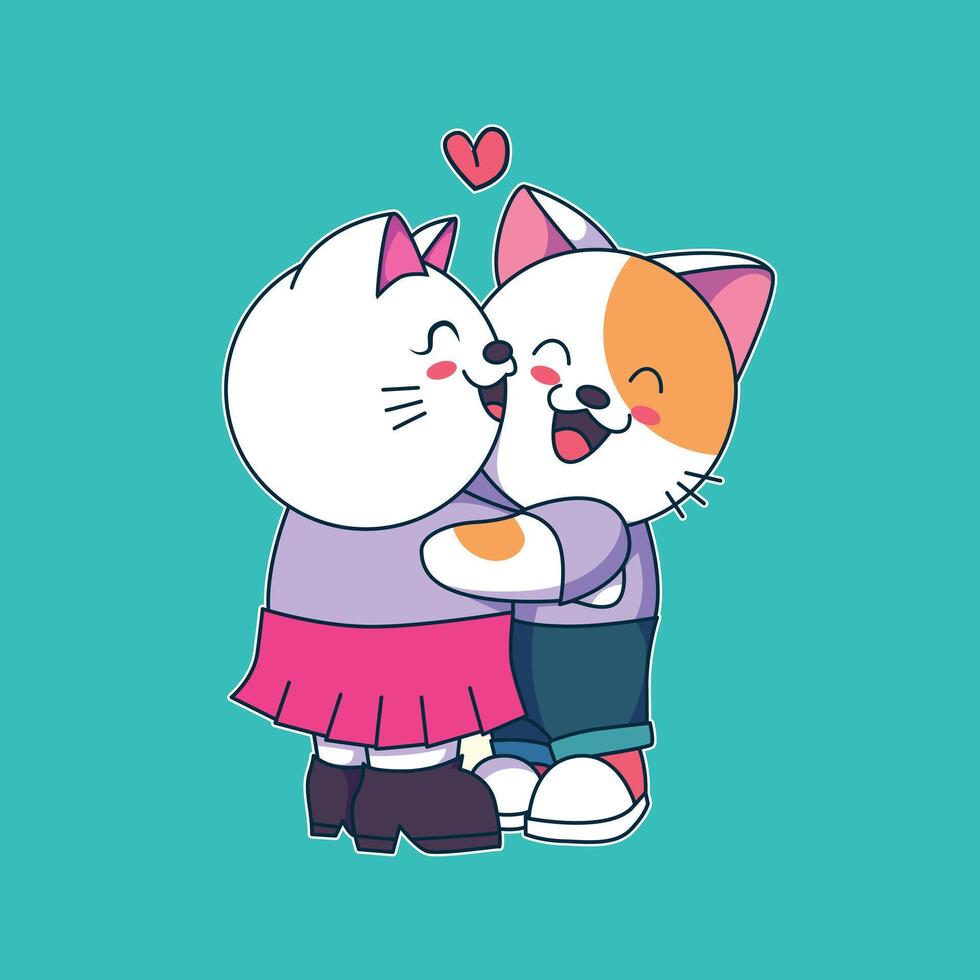 a pair of cats hugging in couple clothes. very funny vector