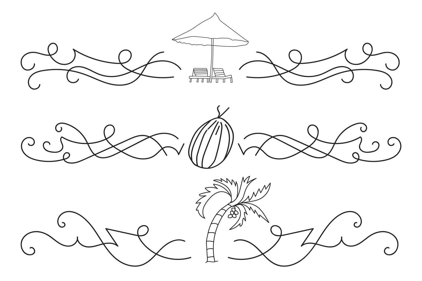 Fancy Lines summer flourish Elegant dividers, hand drawn sunset and sunrise tropical beach ornate text divider, beach vibes Thin line calligraphy page separator decorative element vector