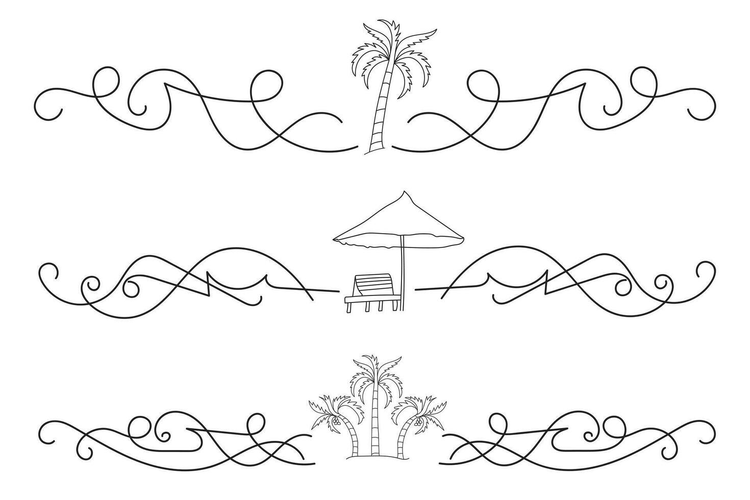 Fancy Lines summer flourish Elegant dividers, hand drawn sunset and sunrise tropical beach ornate text divider, beach vibes Thin line calligraphy page separator decorative element vector