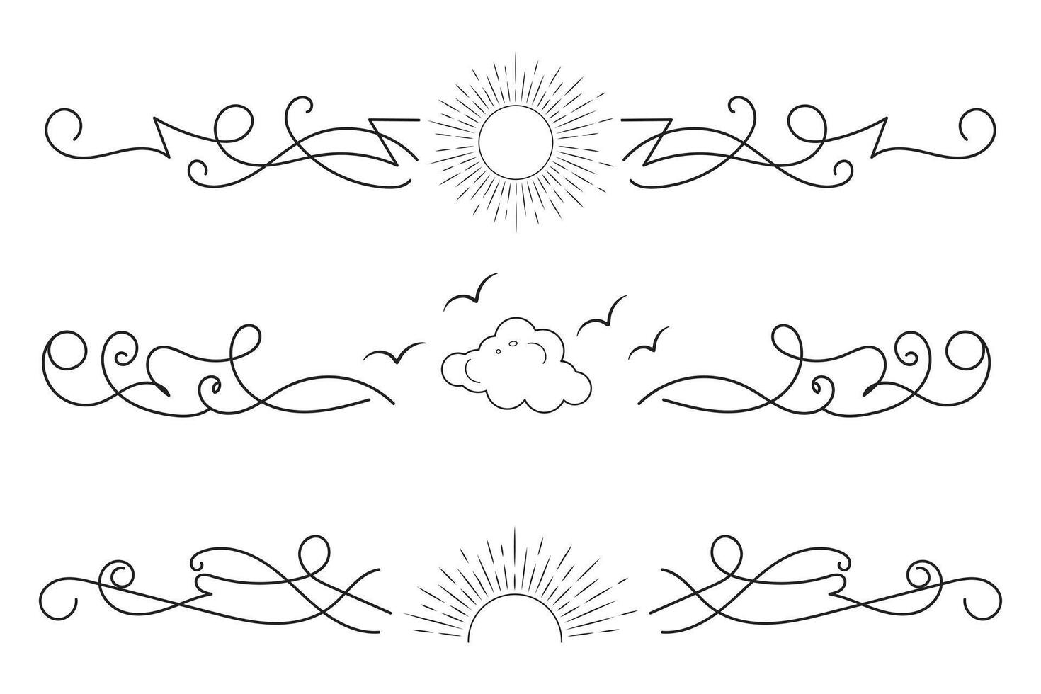 Fancy Lines summer flourish Elegant dividers, hand drawn sunset and sunrise tropical beach ornate text divider, beach vibes Thin line calligraphy page separator decorative element vector